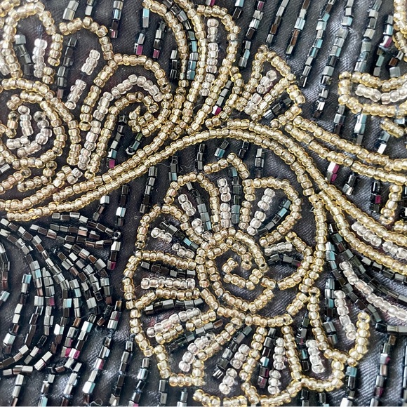 SOLD Vintage La Regale Black Beaded Evening Bag Gold Bead Detailing + Chain - Picture 6 of 16